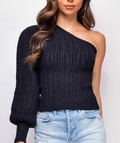 Emprada Tops Emerson Black One Shoulder Sweater Top