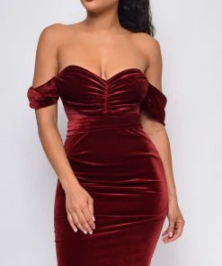 Emprada Nerissa Wine Red Velvet Off Shoulder Dress Dresses