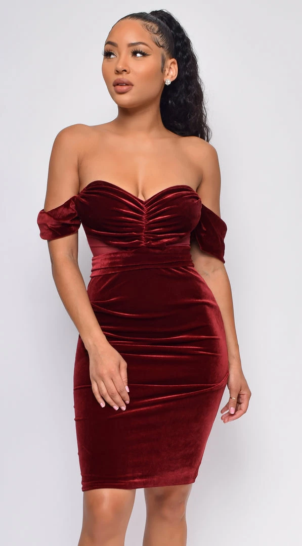 Emprada Nerissa Wine Red Velvet Off Shoulder Dress Dresses 1 Emprada Nerissa Wine Red Velvet Off Shoulder Dress Dresses