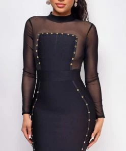 Emprada Luella Black Bandage Mesh Long Sleeves Stud Dress Little Black Dresses