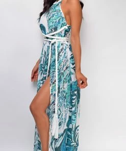 Emprada Aaliyah White Blue Tropical Print Braided Maxi Dress