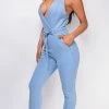 Emprada Jumpsuits & Rompers Aline Blue Plunge Surplice Denim Jumpsuit