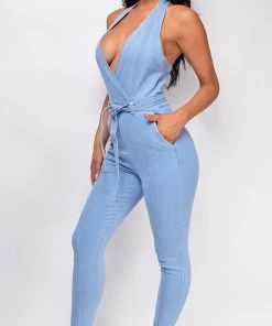 Emprada Jumpsuits & Rompers Aline Blue Plunge Surplice Denim Jumpsuit