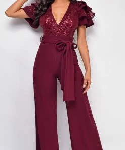 Emprada Jumpsuits & Rompers Laila Burgundy Red Sequin Jumpsuit