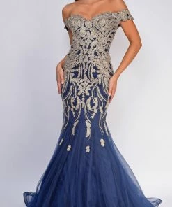 Emprada Arabelle Gold Navy Off Shoulder Mermaid Gown Dresses