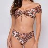 Emprada Canouan Brown Leopard Front Tie Off Shoulder Top Bikini Swimsuit