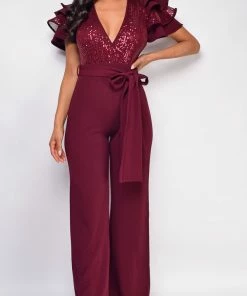 Emprada Jumpsuits & Rompers Laila Burgundy Red Sequin Jumpsuit
