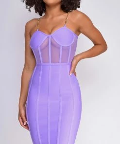Emprada Lorelei Purple Bandage Bustier Mesh Midi Dress Dresses