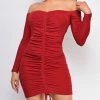 Emprada Alfie Red Ruched Off Shoulder Lurex Dress Dresses