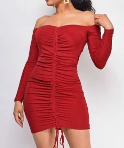 Emprada Alfie Red Ruched Off Shoulder Lurex Dress Dresses