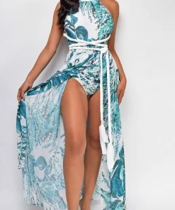 Emprada Aaliyah White Blue Tropical Print Braided Maxi Dress