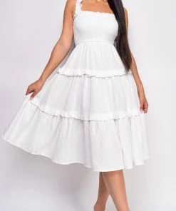 Emprada Darian White Ruffle Smocked Tiered Midi Dress Dresses