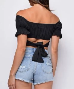 Emprada Tops Isabelle Black Satin Off Shoulder Crop Top