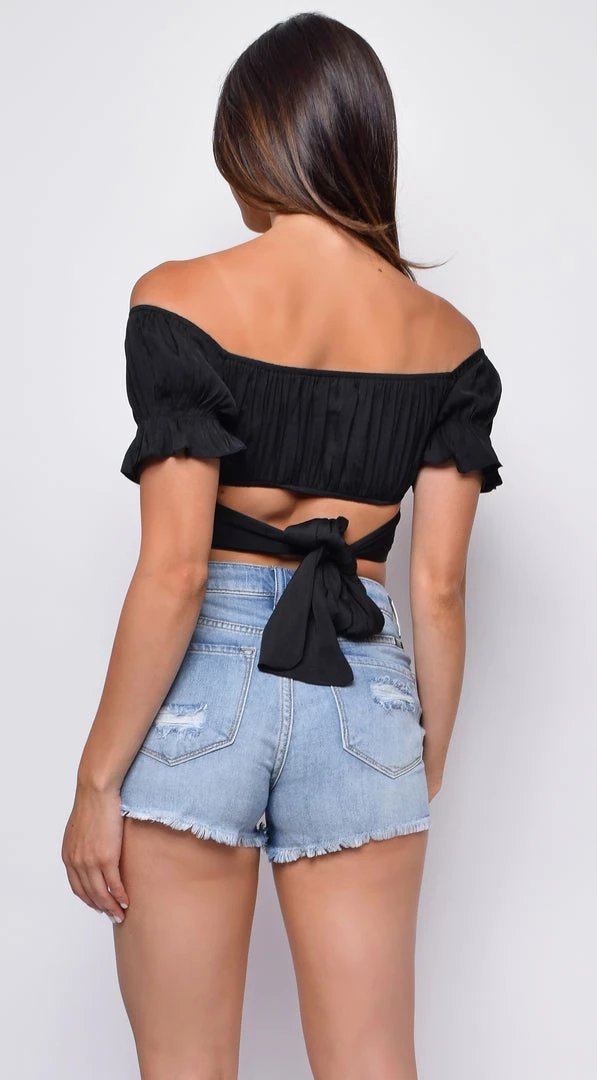 Emprada Tops Isabelle Black Satin Off Shoulder Crop Top 2 Emprada Tops Isabelle Black Satin Off Shoulder Crop Top