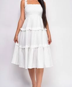 Emprada Darian White Ruffle Smocked Tiered Midi Dress Dresses
