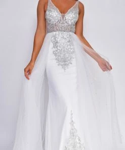 Emprada Dresses Kara Off White Silver Beaded Flyaway Skirt Gown