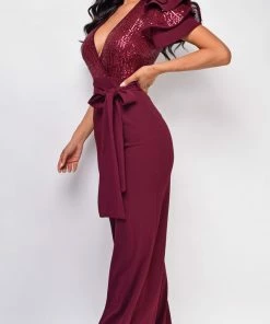 Emprada Jumpsuits & Rompers Laila Burgundy Red Sequin Jumpsuit