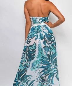 Emprada Aaliyah White Blue Tropical Print Braided Maxi Dress