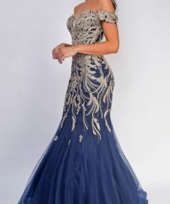 Emprada Arabelle Gold Navy Off Shoulder Mermaid Gown Dresses