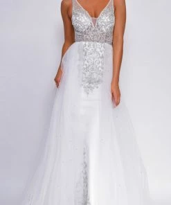 Emprada Dresses Kara Off White Silver Beaded Flyaway Skirt Gown