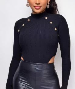 Emprada Tops Calista Black Gold Button Mock Neck Bodysuit