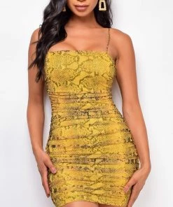 Emprada Bari Yellow Snake Print Ruched Dress