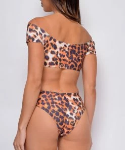 Emprada Canouan Brown Leopard Front Tie Off Shoulder Top Bikini Swimsuit