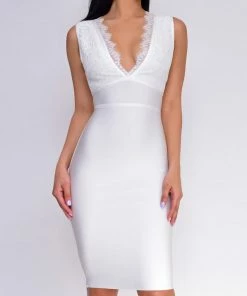 Emprada Belva White Lace Trim Bandage Dress Dresses
