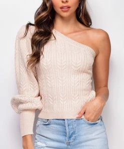 Emprada Tops Emerson Beige One Shoulder Sweater Top