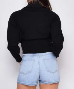 Emprada Ophelia Black Knitted Long Sleeve Front Wrapped Crop Sweater Tops