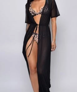 Emprada Milos Black Mesh Drawstring Open Front Cover-up Dress