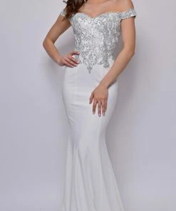 Emprada Ensley Off White Off Shoulder Silver Lace Detail Gown