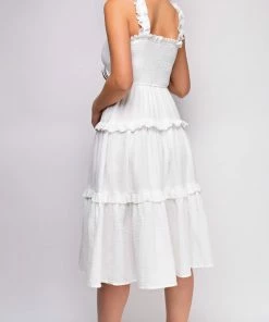Emprada Darian White Ruffle Smocked Tiered Midi Dress Dresses