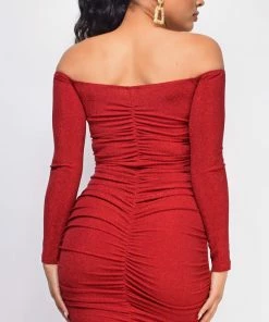 Emprada Alfie Red Ruched Off Shoulder Lurex Dress Dresses