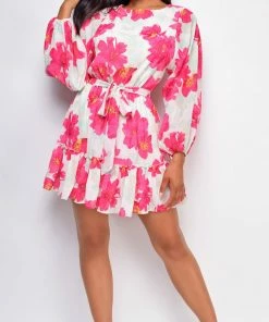 Emprada Nadia White Pink Floral Print Dress