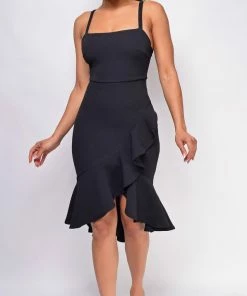 Emprada Lena Black Square Neck Ruffled Dress