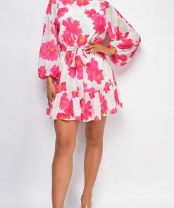 Emprada Nadia White Pink Floral Print Dress