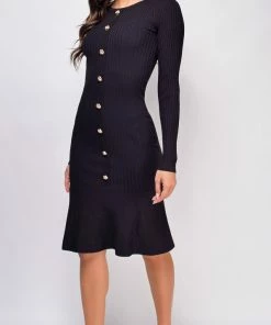 Emprada Dresses Hart Black Button Down Ribbed Midi Dress