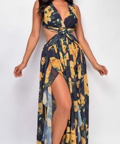 Emprada Dresses Lilla Black Floral Print Slit Maxi Dress