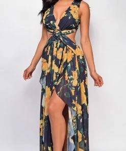 Emprada Dresses Lilla Black Floral Print Slit Maxi Dress