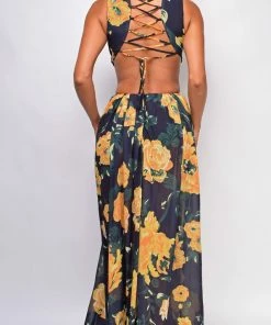 Emprada Dresses Lilla Black Floral Print Slit Maxi Dress