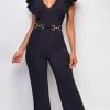 Emprada Vivia Black Gold Buckle Ruffle Sleeve Jumpsuit Jumpsuits & Rompers