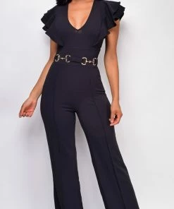 Emprada Vivia Black Gold Buckle Ruffle Sleeve Jumpsuit Jumpsuits & Rompers