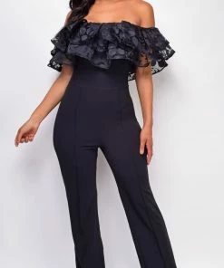 Emprada Sancia Black Off Shoulder Lace Jumpsuit