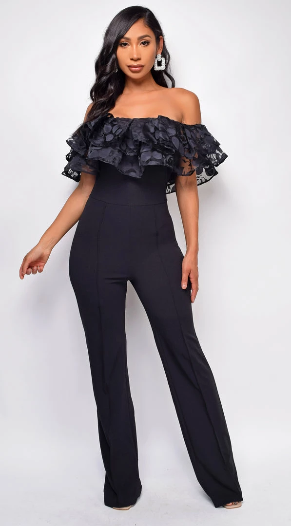 Emprada Sancia Black Off Shoulder Lace Jumpsuit 1 Emprada Sancia Black Off Shoulder Lace Jumpsuit