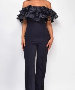 Emprada Sancia Black Off Shoulder Lace Jumpsuit