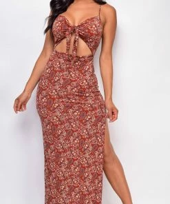 Emprada Viviana Red Rust Paisley Print Cut Out Maxi Dress