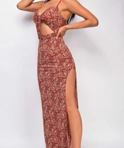 Emprada Viviana Red Rust Paisley Print Cut Out Maxi Dress