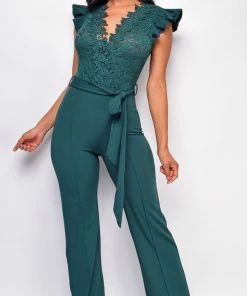 Emprada Giulia Hunter Green Lace Crochet Jumpsuit Jumpsuits & Rompers