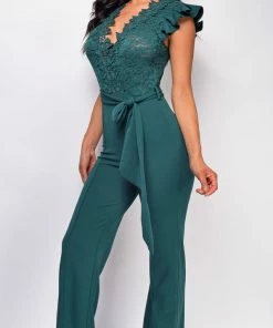 Emprada Giulia Hunter Green Lace Crochet Jumpsuit Jumpsuits & Rompers